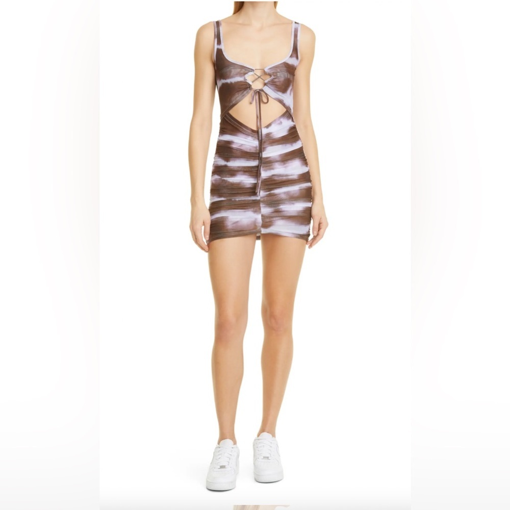 BY.DLYN Tie Dye Ruched Mini Dress Brown White Extra Small Bodycon Trendy $110